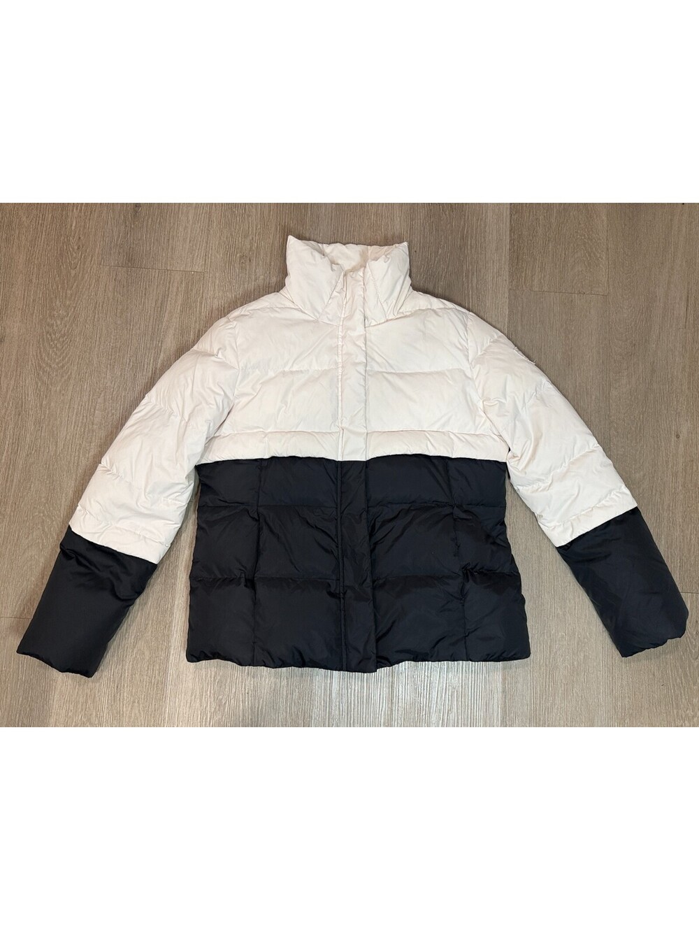 Tommy Hilfiger Women's L Down Puffer Jacket Cream Navy Colorblock Stand Collar